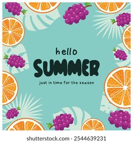Texto de verão com frutas frescas e folhas de verão. Fundo colorido. Conceito de verão. Ilustração de vetor plano.