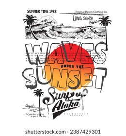 Graffiti de texto de verano, impresión vintage , slogan de texto impreso para olas bajo la puesta de sol, surf aloha vibes imprimir uso sudadera, sudor, camiseta , planta de sudor