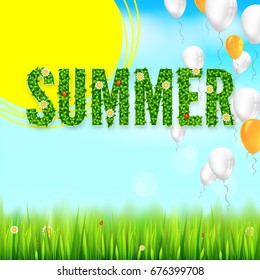 Summer text from green leaves, summer flowers and ladybugs. Letters on lawn backdrop, grass and blue sky with clouds. White and yellow inflatable balloons flying in the sky, Eco-card, 3D illustration.
