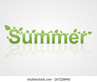 Summer text with green leaves on a white background