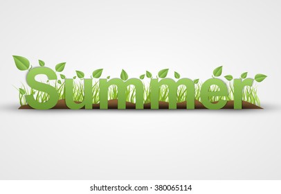 Summer text with green leaves on a white background