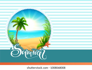 Summer text greeting card beach holidays. Palm tree, sea, sun and sand paradise vacation. Vector cartoon illustration