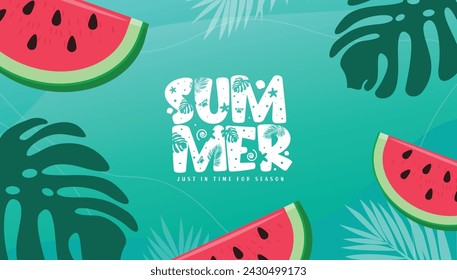 Sommertext Begrüßung Vektor-Vorlage Design. Sommerzeit Gruß mit Monstera Blatt, Palmblättern und Wassermelone tropische Saison Hintergrund. Vektor-Illustration Sommer Grußvorlage.
