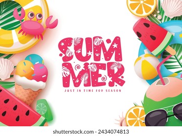 Summer text greeting vector template design. Summer greeting text with floaters, ice cream, coconut, and watermelon tropical elements for seasonal holiday template. Vector illustration summer time 