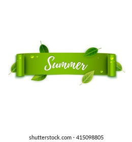 Texto de verano sobre cinta verde con hojas, ilustración vectorial