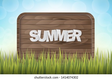 Summer text on a wooden shield in grass on blue sky background.Vector illustration.