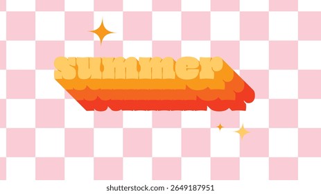 Summer text with orange shadow, retro typography, pink checkerboard, sparkles, playful vector, trendy background