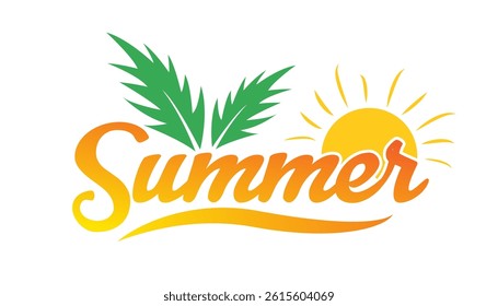 Summer text with palm leaves and sun, summer lettering vector illustration.
