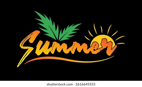 Summer text with palm leaves and sun summer lettering vector illustration.