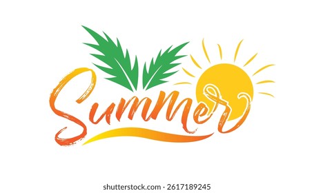 Summer text with palm leaves and sun, summer lettering vector illustration.
