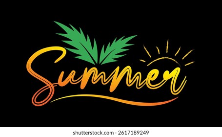 Summer text with palm leaves and sun summer lettering vector illustration.