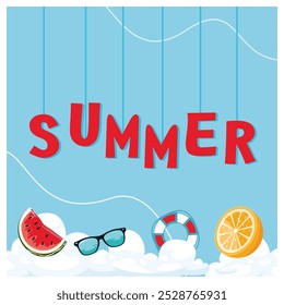 Summer text with a paper cut. Watermelon, orange, glasses, and swimming pool decorations. Summer concept. Flat vector illustration.