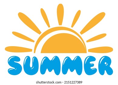 Texto de verano con un sol elegante. Letras dibujadas a mano con elementos decorativos aislados en fondo blanco. Ilustración vectorial para impresión, tarjeta, afiche, banner, paquete, pegatina, juegos de iconos
