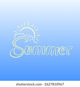 summer text with sun icon behind clouds on blue background