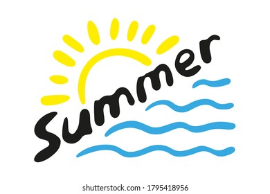 Summer text, sun and sea. Template for a banner. Colored contour silhouette. Vector flat graphic hand drawn illustration. The isolated object on a white background. Isolate.