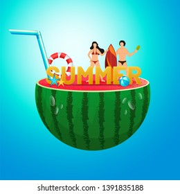 Summer text with surfer couple and beach elements on half watermelon with shiny blue background. Can be used as poster or template design.