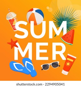 Summer text surrounded by colorful beach accessories, food, drink and palm leaf: vacations and travel concept