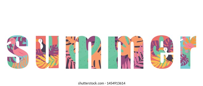Summer text with toucan, flamingo, and exotic leaves. Can be used for poster, greeting card, bags, t-shirt. Vector illustration