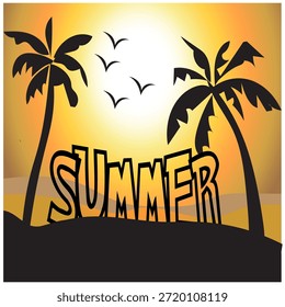 Texto de verão com design de silhuetas de praia tropical. Ilustração vetorial com palmeiras, pássaros voadores e um gráfico do pôr do sol ou do nascer do sol. Ideal para roupas, impressões de viagens, mercadorias de praia ou cartazes.