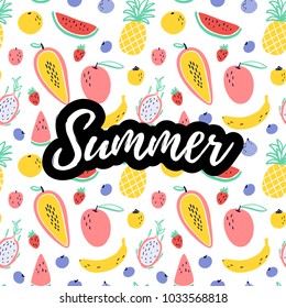 Summer text with tropical fruit elements : pineapple, mango, watermelon, dragon fruit, Pitaya, banana, papaya. Vector exotic food seamless pattern background