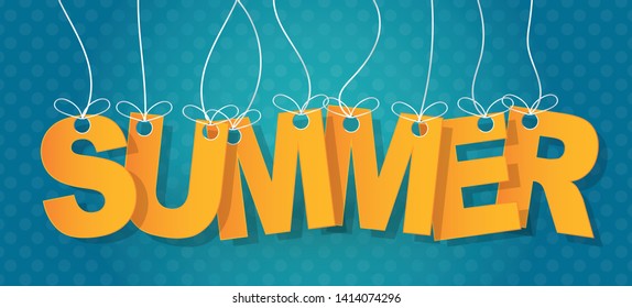 Summer text typography. Letters haning on a string on a blue background. Vector illustration.