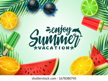 Summer text vector background template. Summer vacation typography with tropical elements like watermelon, lemon, popsicle and palm leaves in green background. Vector illustration. 