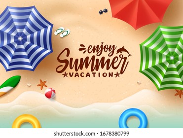 Summer text vector banner design. Summer vacation typography with colorful beach elements like umbrella, floating floaters and beach ball in beach seaside background. Vector illustration. 