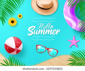 Summer text vector design background. Hello summer text with colorful beach elements like beachball, hat, sunglasses and floater for season. Vector illustration holiday season.  