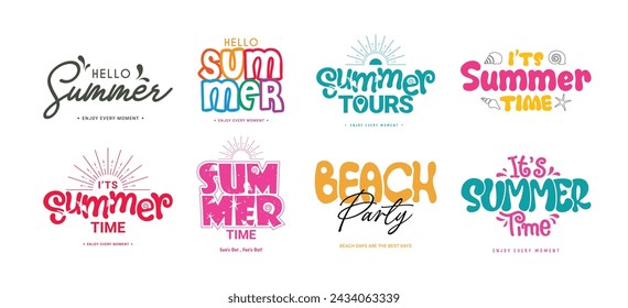 Summer text vector set design. Summer time, hello, tours and beach party greeting and invitation collection for tropical season celebration. Vector illustration summer typography collection. 
