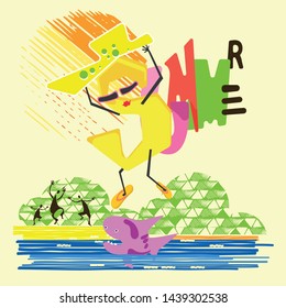 Summer. The text is written by hand. Dancing people, bush, sea.