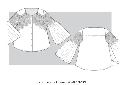 Summer textile Blouse with lace and long bell sleeves. Technical sketch.