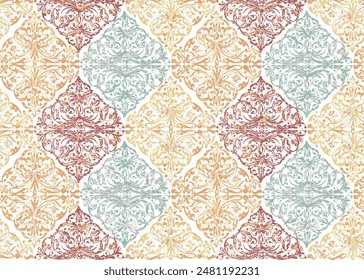 summer textile and Carpet design with grunge and distressed texture repeat pattern multicoloured baroque damask pattern on white background.