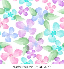 Estampado textil de verano con lindos floretes azules y lilas y hojas verdes sobre fondo blanco. Patrón sin fisuras de la acuarela artística para la tela, el Fondo de pantalla, la invitación, la tarjeta de felicitación, la decoración casera. Vector.