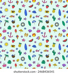 Summer texture with cartoon elements. Creative holiday background. Vector illustration