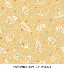 Summer texture sea shell pattern, summer mood, star fish on textured beachy background. Costal design for your perfect holiday. Nature background. Print, fabric, stationary.