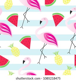 summer texture - seamless pattern with flamingo, watermelon and pineapple vector