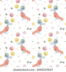 Summer texture with sweet dessert. Vector seamless pattern with female hands hilding a glass og scoope ice cream. Tasty food wallpaper.