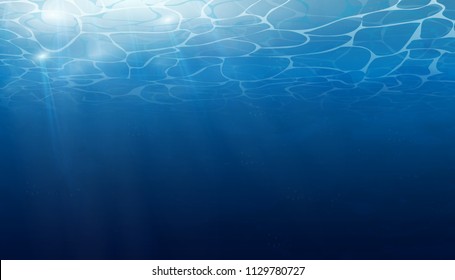 Summer. Texture of water surface. Underwater background with wave lights, bubbles of air, rays of sunshine. Waves effects. Blue underworld. Ocean, sea. Vector illustration nature background.