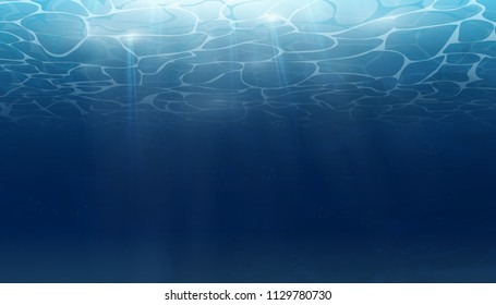 Summer. Texture of water surface. Underwater background with wave lights, bubbles of air, rays of sunshine. Waves effects. Blue underworld. Ocean, sea. Vector illustration nature background.