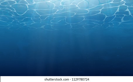 Summer. Texture of water surface. Vector Underwater background with wave lights, bubbles of air, rays of sunshine. Blue deep underwater surface and ripples, natural scene in the sea. Waves effects. 