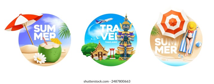 Summer, and Thailand tourism architecture, poster circle present, design collections isolated on white background, Eps 10 vector illustration