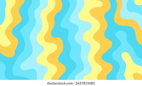 Summer Theme Abstract Wavy Background with Vibrant Colors. Summer-themed abstract background featuring wavy stripes in bright yellow, orange, and blue tones.