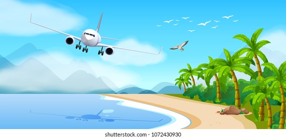 Summer theme with airplane flying over the sea illustration