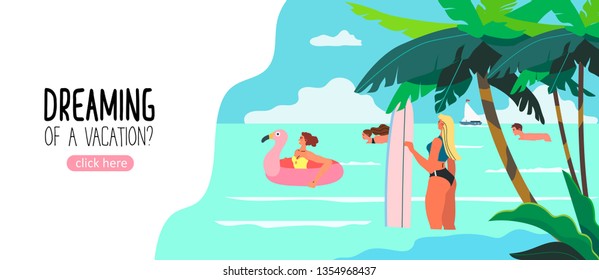 Summer theme banner with a beach, sea, surfer girl and swimming people. Vector illustration of a tropic beach with palm trees and exotic plants. Creative banner for tour operator or travel agency.