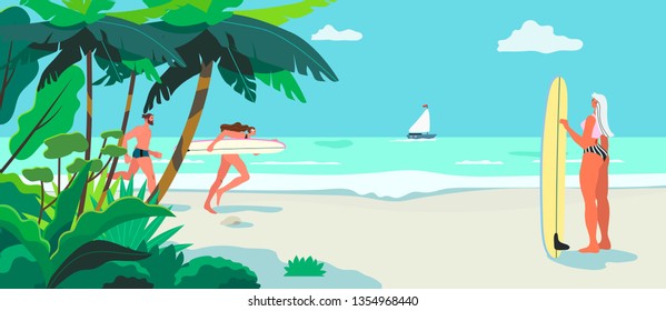 Summer theme banner with a beach, sea, surfer girl and runners. Vector illustration of a tropic beach with palm trees and exotic plants. Creative banner for tour operator or travel agency.