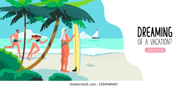 Summer theme banner with a beach, sea, surfer girl and runners. Vector illustration of a tropic beach with palm trees and exotic plants. Creative banner for tour operator or travel agency.