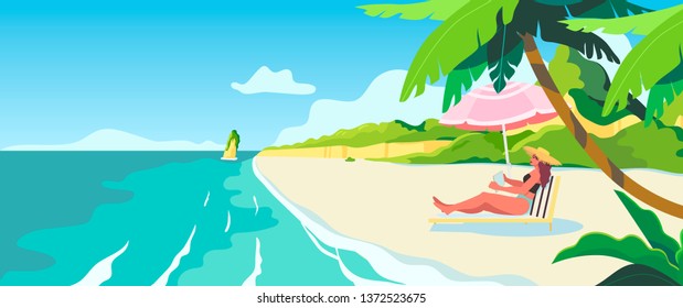 Summer theme banner with a beach, sea landscape and a woman sunbathing. Vector illustration of a tropic island with palm trees and exotic plants. Creative banner for tour operator or travel agency.