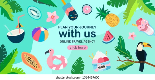 Summer theme banner with exotic fruits and birds, tropic plants and tasty ice cream. Creative banner, flyer, landing page or blog post for travel agency or tour operator in a flat trendy style.