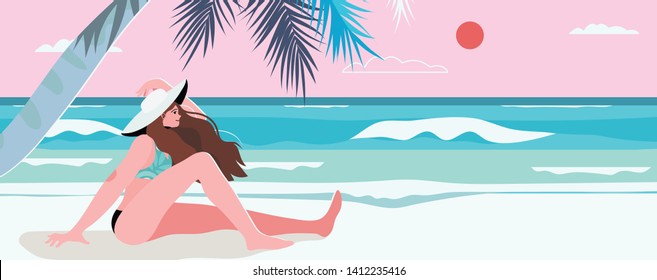 Summer theme banner, flyer with a beach, sea landscape and a woman watching sunset. Vector illustration of a tropic island, palm tree, white sand and ocean. Creative and beautiful summer background.