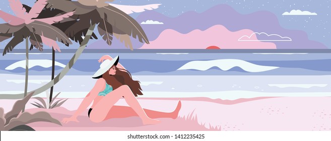 Summer theme banner, flyer with a beach, sea landscape and a woman watching sunset. Vector illustration of a tropic island, palm tree, white sand and ocean. Creative and beautiful summer background.